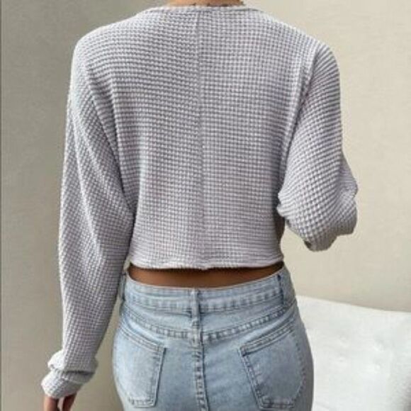 New Ruched Front Crop Top Casual Trending Fall Women's Sexy Tie Deep V Neck Puff - Picture 5 of 7